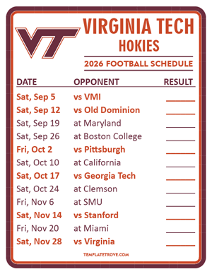 Virginia Tech Hokies Football 2026
 Printable Schedule  - Style 2