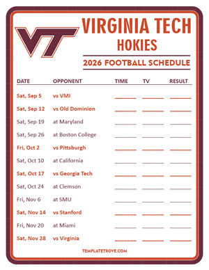 Virginia Tech Hokies Football 2026
 Printable Schedule - Style 3