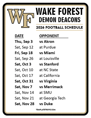 Wake Forest Demon Deacons Football 2026
 Printable Schedule