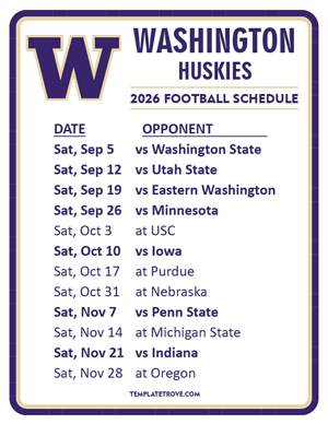 Washington Huskies Football 2026
 Printable Schedule