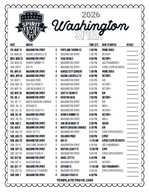 Washington Spirit 2026
 Printable Soccer Schedule - Central Times