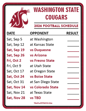 Washington State Cougars Football 2026
 Printable Schedule  - Style 2