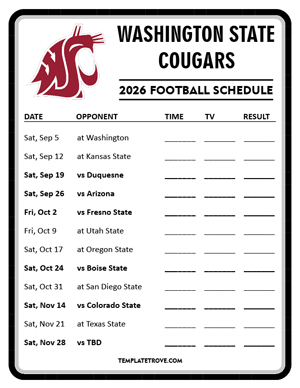 Washington State Cougars Football 2026
 Printable Schedule - Style 4