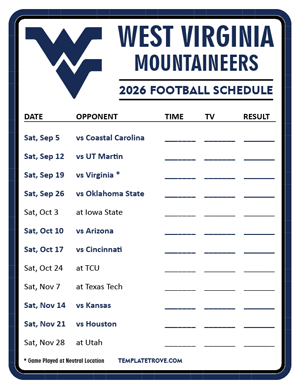 West Virginia Mountaineers Football 2026
 Printable Schedule - Style 3