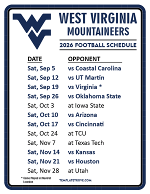 West Virginia Mountaineers Football 2026
 Printable Schedule