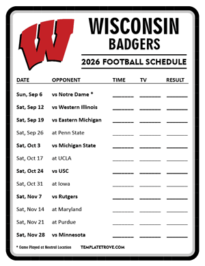 Wisconsin Badgers Football 2026
 Printable Schedule - Style 4