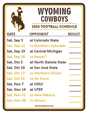 Wyoming Cowboys Football 2026
 Printable Schedule  - Style 2