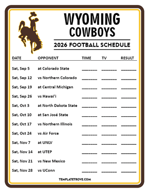 Wyoming Cowboys Football 2026
 Printable Schedule - Style 4